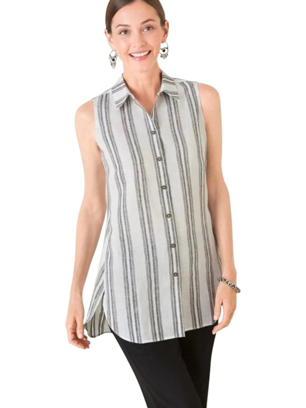 CHICO'S No Iron Linen Sleeveless Striped Tunic Top - Size Small